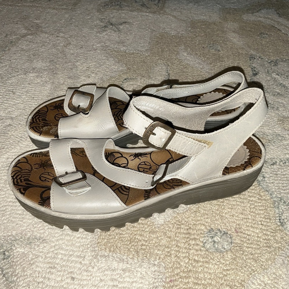 Fly London womens Elit141fly Open Toe Sandals Grey Gray Cloud Leather White 40 9
